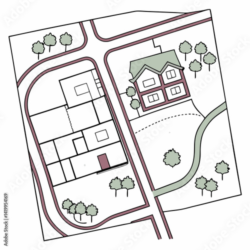 Simple House Map Illustration Showing Buildings And Roads With Trees