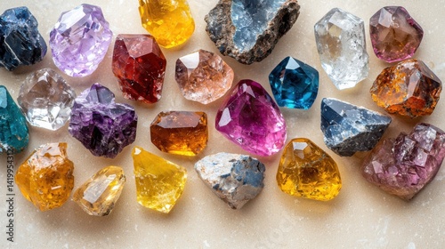 Assorted colorful natural gemstones and semi precious crystals with vibrant hues and varied cuts on a light background for jewelry making and decoration