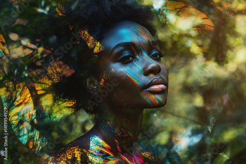 Obraz na płótnie Black woman on psychedelic journey in forest. Generative AI. w salonie