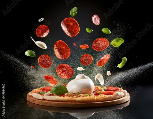 Fotografía de una explosión de pizza de pepperoni deconstruida con ingredientes flotando en el aire, pepperoni, mozzarella, burrata suave, couli de tomate, albahaca, aceite de oliva, base de pizza,