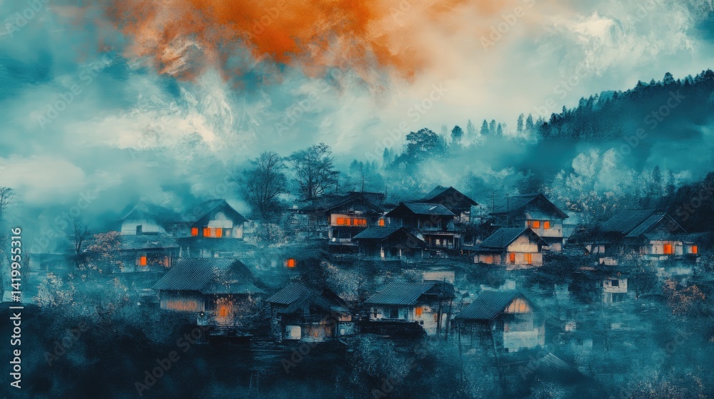A village where the sky is a different color every day, shifting between impossible shades. A village where the sky is a different color every day, shifting between impossible shades.