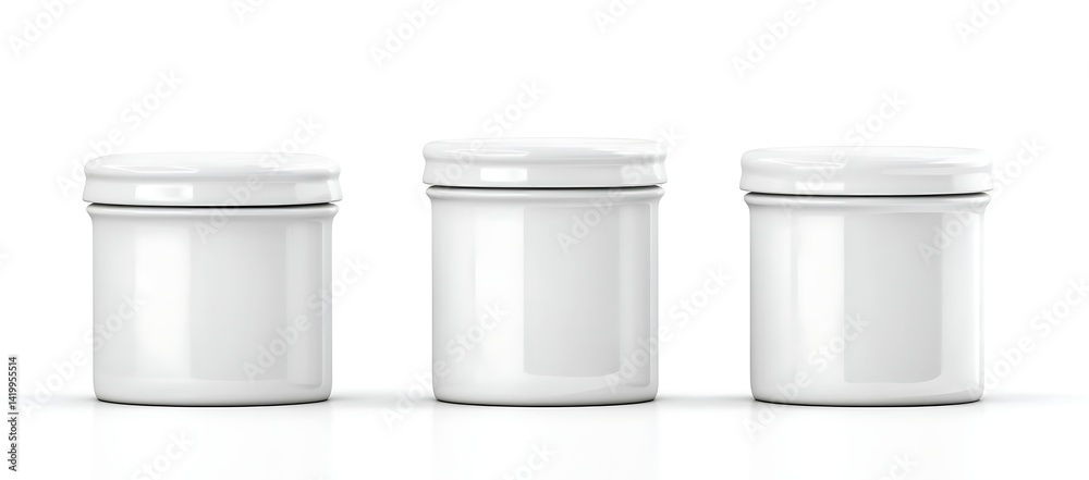 white enamel canisters with lids, in different sizes, isolated on a white background white enamel canisters with lids, in different sizes, isolated on a white background