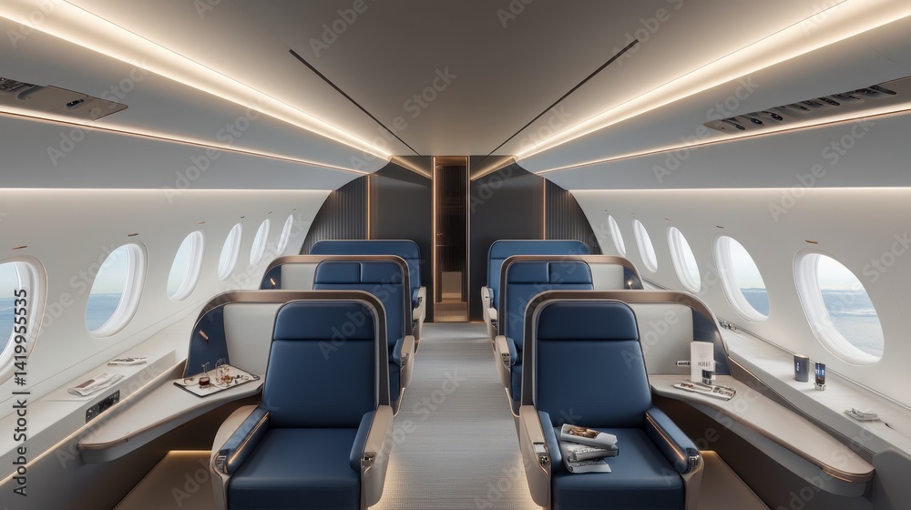 Fototapeta premium Luxurious private jet cabin interior with blue armchairs, light beige walls, and indirect lighting.