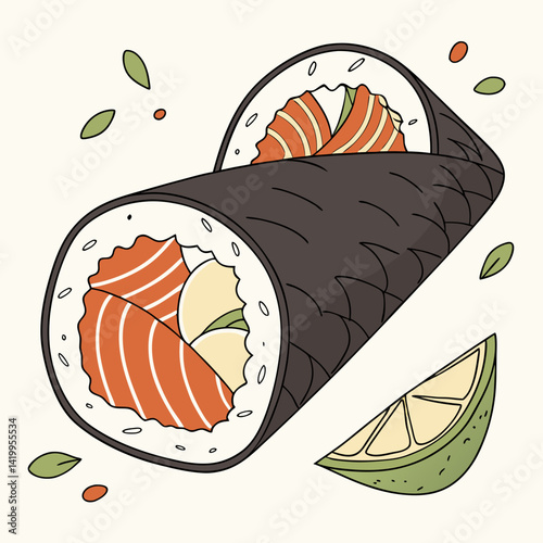 Hand Drawn Temaki Sushi With Salmon And Lime Illustration