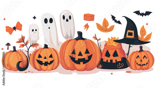 A digital illustration shows a collection of whimsical pumpkins, each carved with a different jack-o'-lantern face.