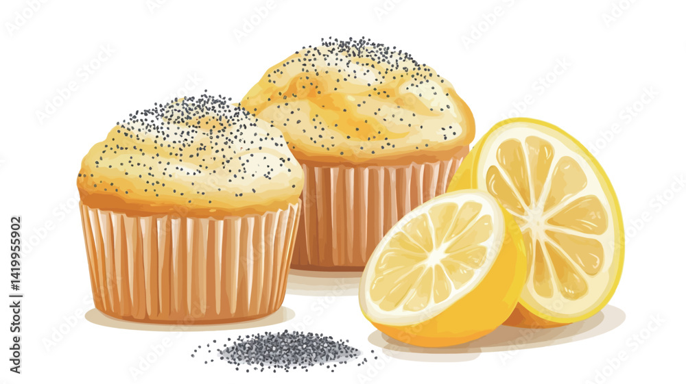 Digital illustration of two lemon poppy seed muffins, slightly off-center, occupying the foreground, in a high-key lighting style. Digital illustration of two lemon poppy seed muffins, slightly off-center, occupying the foreground, in a high-key lighting style.