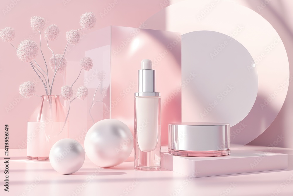 Elegant skin care products displayed on a pink backdrop with decorative elements and soft lighting