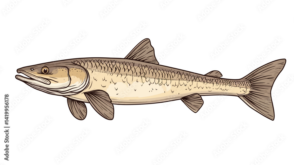 Fototapeta premium A detailed and scientifically accurate illustration of a lake sturgeon showing its profile against a plain white background.