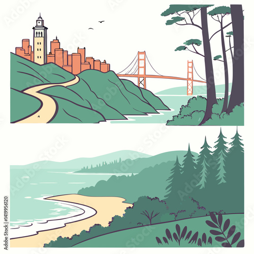 Two Landscapes Featuring Urban Scenery With A Bridge And Nature With Beach