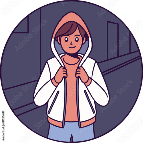 Smiling young person in a white hooded jacket at night.