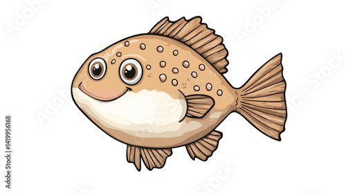 A digital illustration of a light brown cartoon fish with a prominent white belly and exaggeratedly large eyes with a smile on its face.