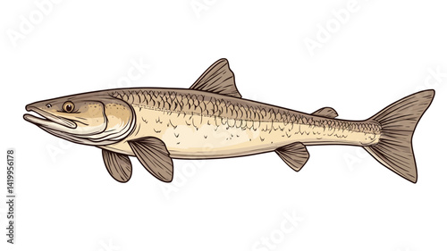A detailed and scientifically accurate illustration of a lake sturgeon showing its profile against a plain white background.