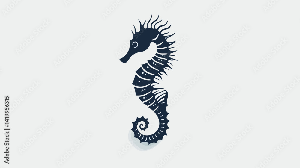 Fototapeta premium A stylized illustration of a seahorse rendered in dark blue tones with a light grey background and clean lines.