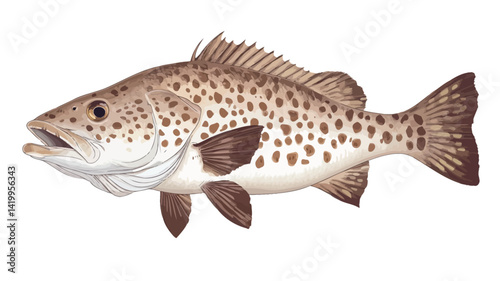 A detailed digital illustration, set against a plain white background, shows off the distinctive brown coloration of the spotted kingfish.