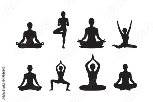  Flat yoga silhouette poses collection for International Day of Yoga. vector illustration