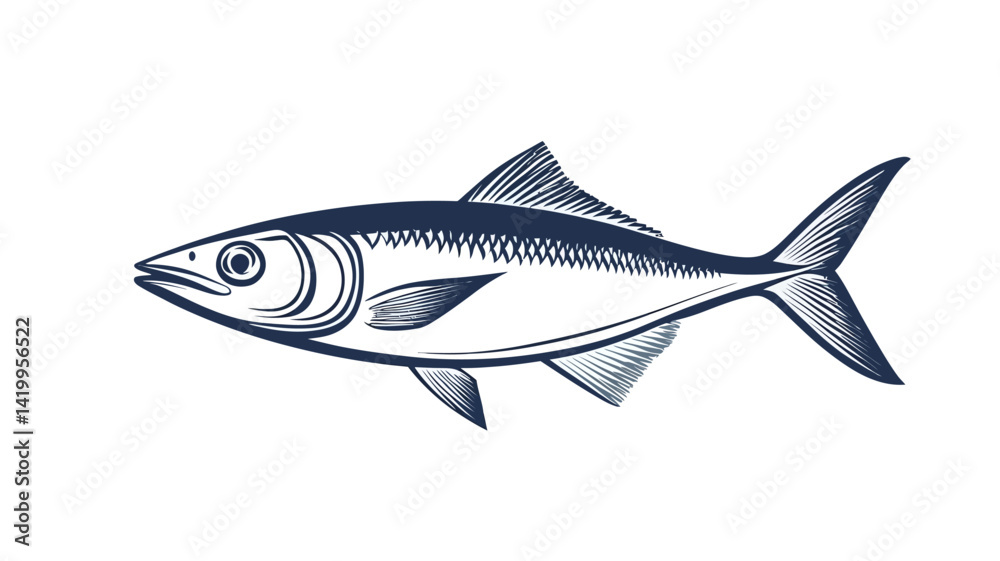 Fototapeta premium A detailed vector illustration of a blue fish rendered in dark blue and white monochrome tones against a clean white background.