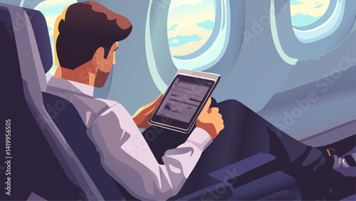 Business Professional Checking Emails on a Tablet on a Plane