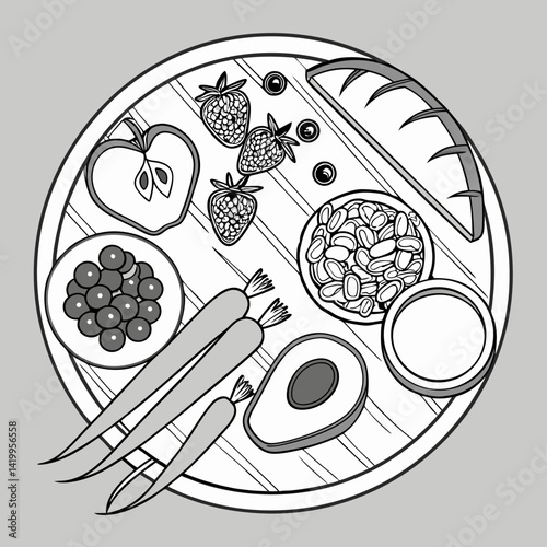 Monochromatic Healthy Food Illustration On Wooden Tray With Fruit And Vegetables