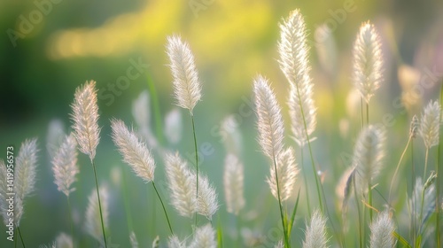 Obraz na płótnie A close-up of wild grass flowers with their feathery tops highlighted against a blurred green meadow, emphasizing their delicate structure and natural elegance. w salonie