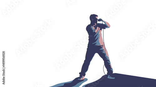 A stylized vector illustration of a male singer on stage from the back.