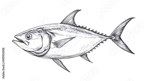 A greyscale pencil drawing of a tuna fish in profile, using various shading techniques.