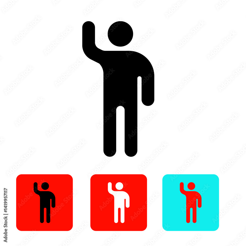 Fototapeta premium People raising hands icon, black, white and colored buttons