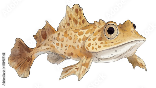 A detailed digital illustration of a yellow-spotted frogfish, rendered in vivid shades of yellow and brown, gives the creature a cartoonish yet realistic look.