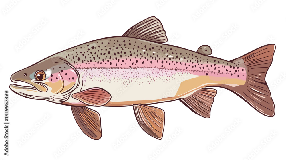 Fototapeta premium This is a detailed illustration of a rainbow trout. The illustration is realistic in style, capturing the subtle variations in color and texture of the fish's scales.