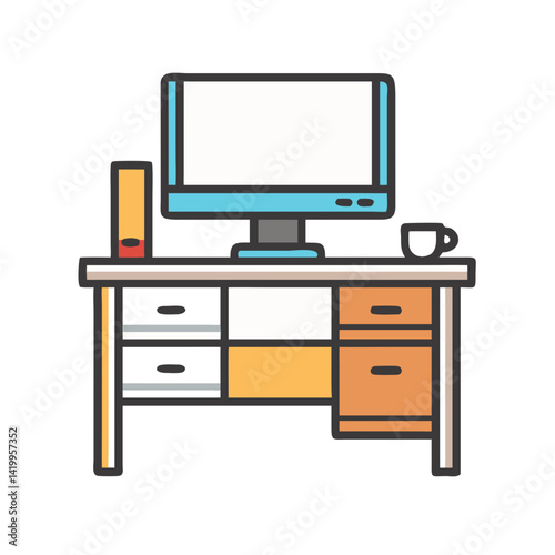 Computer Desk with Drawers Icon Representing Home Office Workspace and Organization