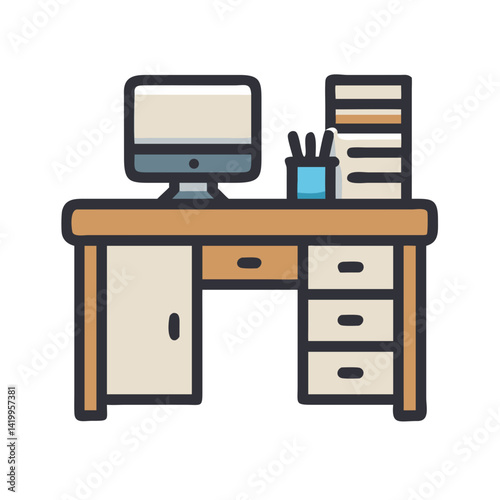 Computer Desk with Drawers Icon Representing Home Office Workspace and Organization