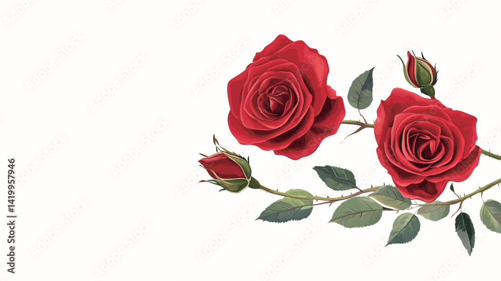 Fototapeta premium A vibrant digital illustration shows a bouquet of red roses arranged horizontally against a pure white background. The roses are in various states of bloom, with some fully open.