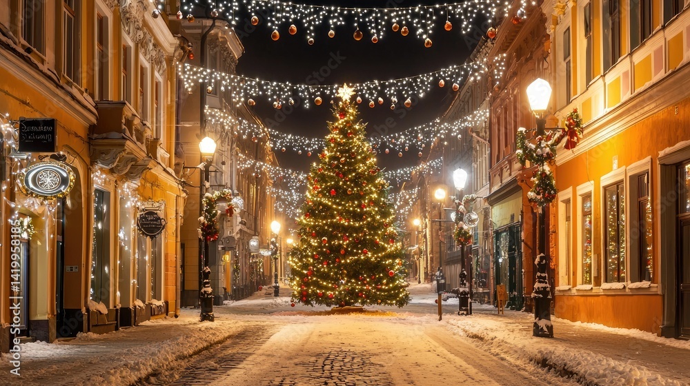 Obraz premium Snowy European city street decorated for Christmas.
