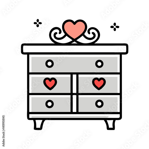 Drawer Unit with Heart Handles Icon Representing Storage and Romantic Decoration
