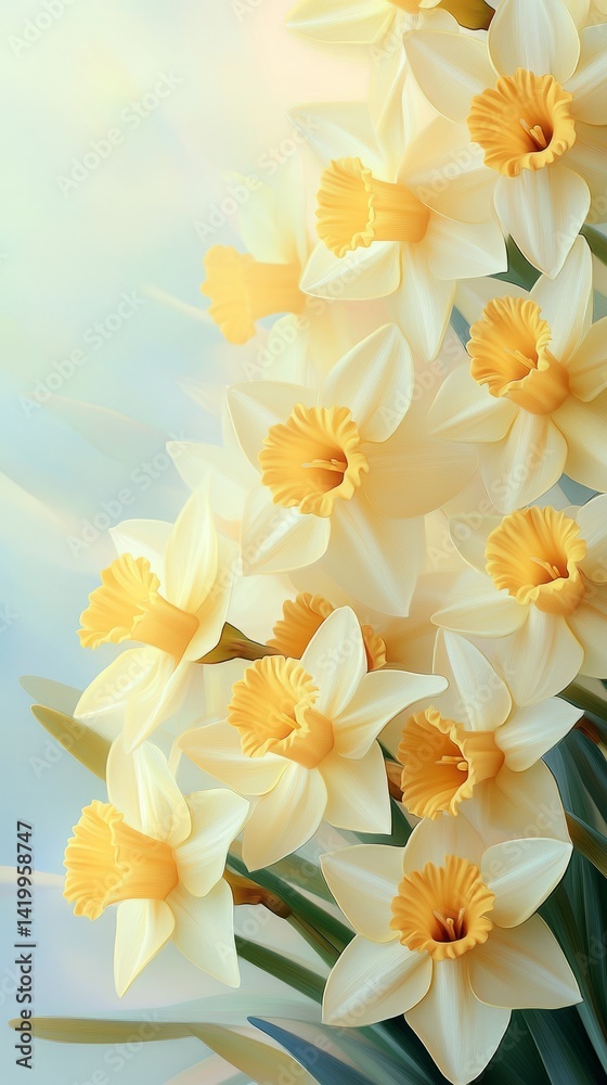 Fototapeta premium Luxury Yellow Daffodil Bouquet Background with Golden Sunbursts on Blue