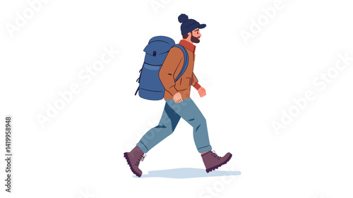 Vector illustration of a stylized male character rendered in a flat design aesthetic. The character has a beard, a knitted hat, a red-orange jacket and blue hiking pants.