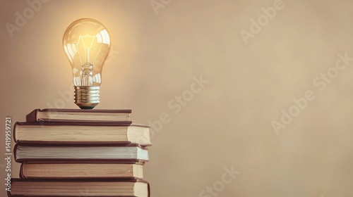 Creative ideas for innovation and brainstorming featu a glowing light bulb placed on top of stacked books symbolizing knowledge and inspiration in a warm-toned setting