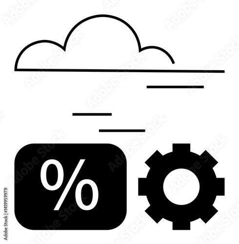 Cloud, percentage sign, and gear elements imply cloud storage, analytics, efficiency, and computation. Ideal for tech, analytics progress optimization finance data management efficiency. Flat