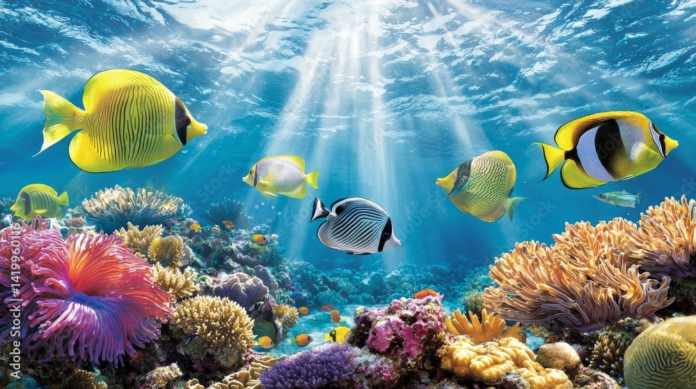 Naklejka premium Underwater adventure colorful coral reef tropical ocean gigapixel photography vibrant marine life