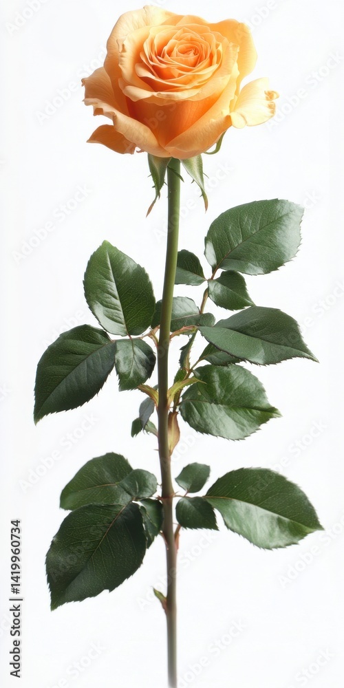 Obraz premium Single pale orange rose with green leaves on a white background.