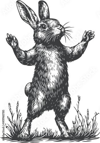Rabbit's Alert Stance: An elegant black and white engraving of a curious rabbit standing tall with raised paws, evoking a sense of playful inquisitiveness. 
