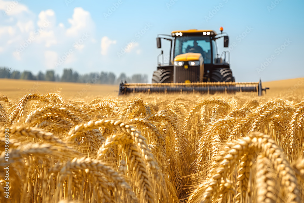 Fototapeta premium A tractor cuts through tall wheat, gathering the golden harvest on a sunny day