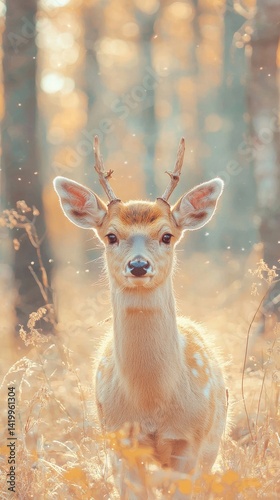 Fototapeta Naklejka Na Ścianę i Meble -  Majestic Young Deer Posing in Golden Forest Sunlight, Peaceful Autumn Scene with Antlers and Bokeh
