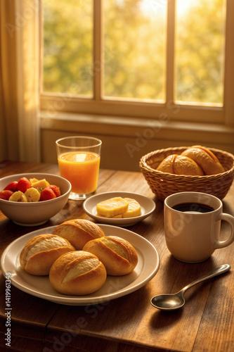 Mesa de café da manhã ensolarada com café e pão fresco