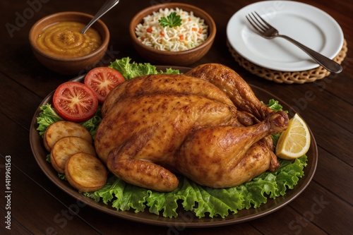 Delicioso Frango Assado com Acompanhamentos em Mesa Rústica