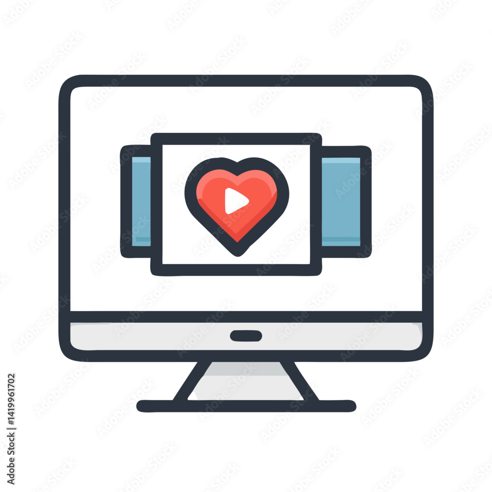 Monitor with Heart Video Icon Representing Virtual Romance and Online Relationship Monitor with Heart Video Icon Representing Virtual Romance and Online Relationship