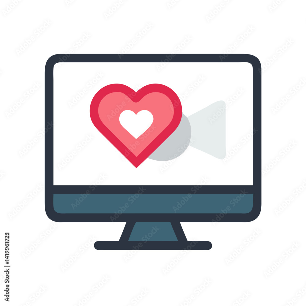 Monitor with Heart Video Icon Representing Virtual Romance and Online Relationship Monitor with Heart Video Icon Representing Virtual Romance and Online Relationship