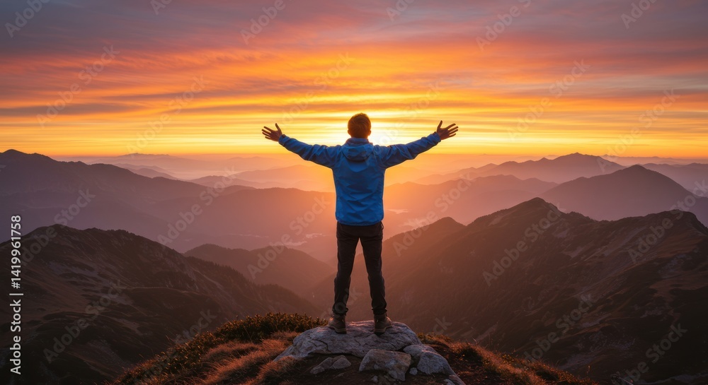 Obraz premium Man with open arms at sunset - Photo