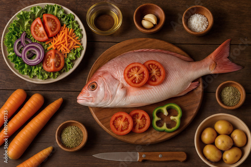 Peixe fresco inteiro com vegetais e ervas pronto para preparar