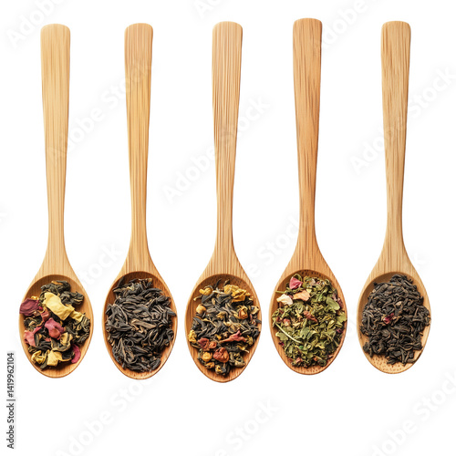 Assortment of loose tea leaves in a natural wooden spoon isolated on transparent background (3)