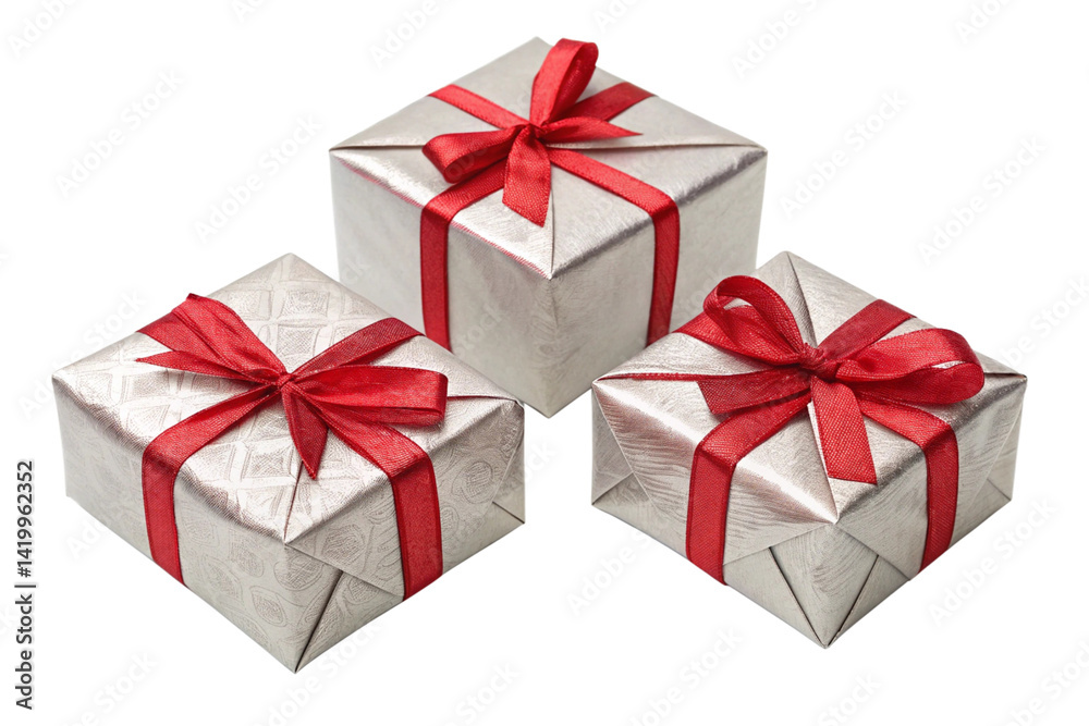 Three gift box with red ribbon, isolated ,transparent background, AI Three gift box with red ribbon, isolated ,transparent background, AI